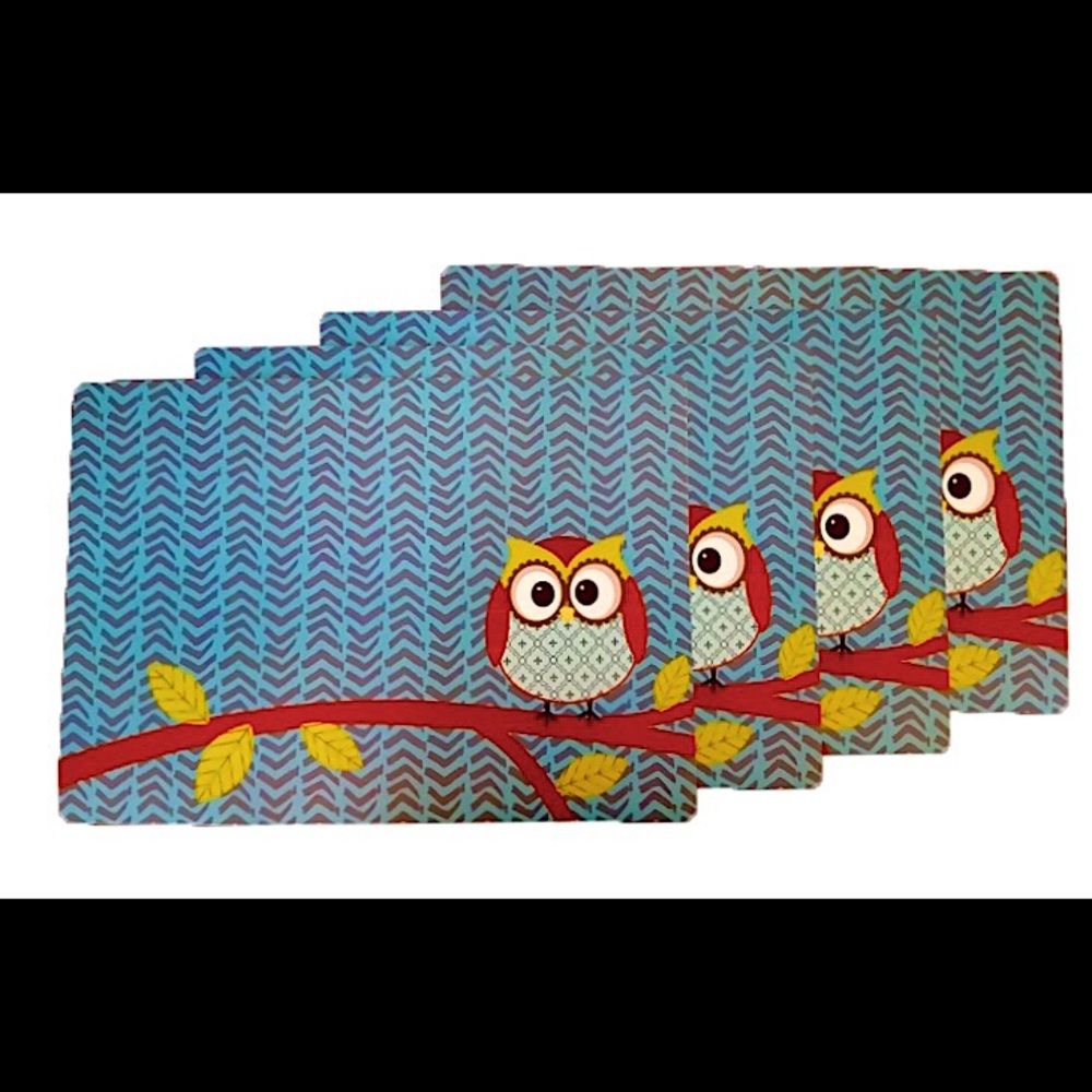Set of 4 Placemats Woodland Owl 12”x17” Blue New